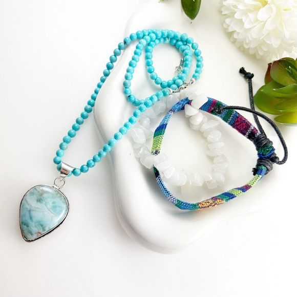 Jewelry Set Lot Blue Larimar Pendant Turquoise Necklace Bracelets 925 Overlay - Picture 3 of 9
